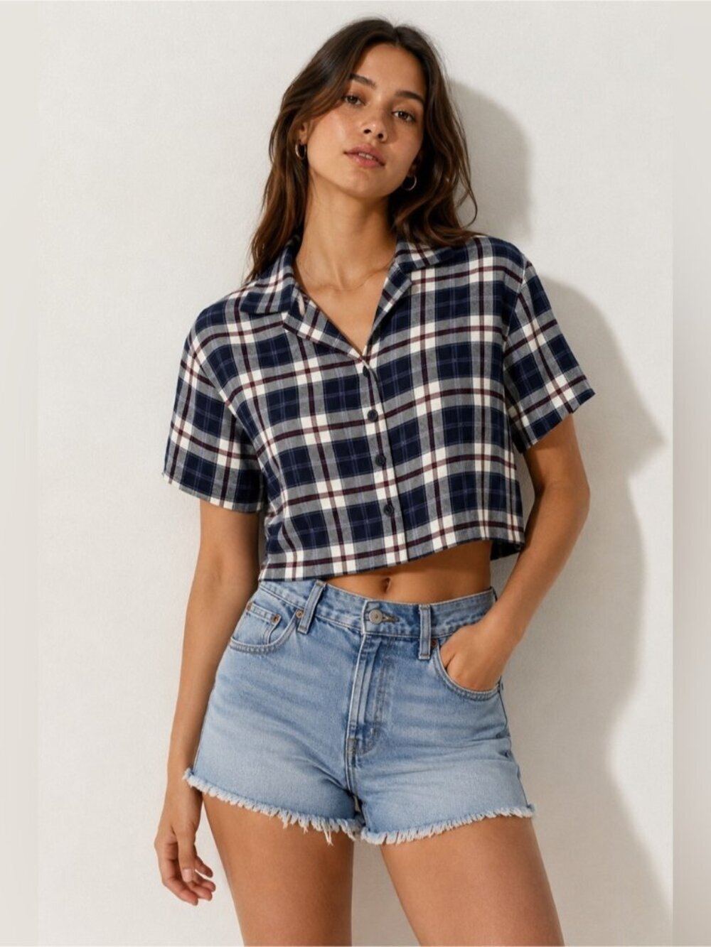 Garage Plaid Cropped Button-Up Shirt | Navy Blue Burgundy | Medium